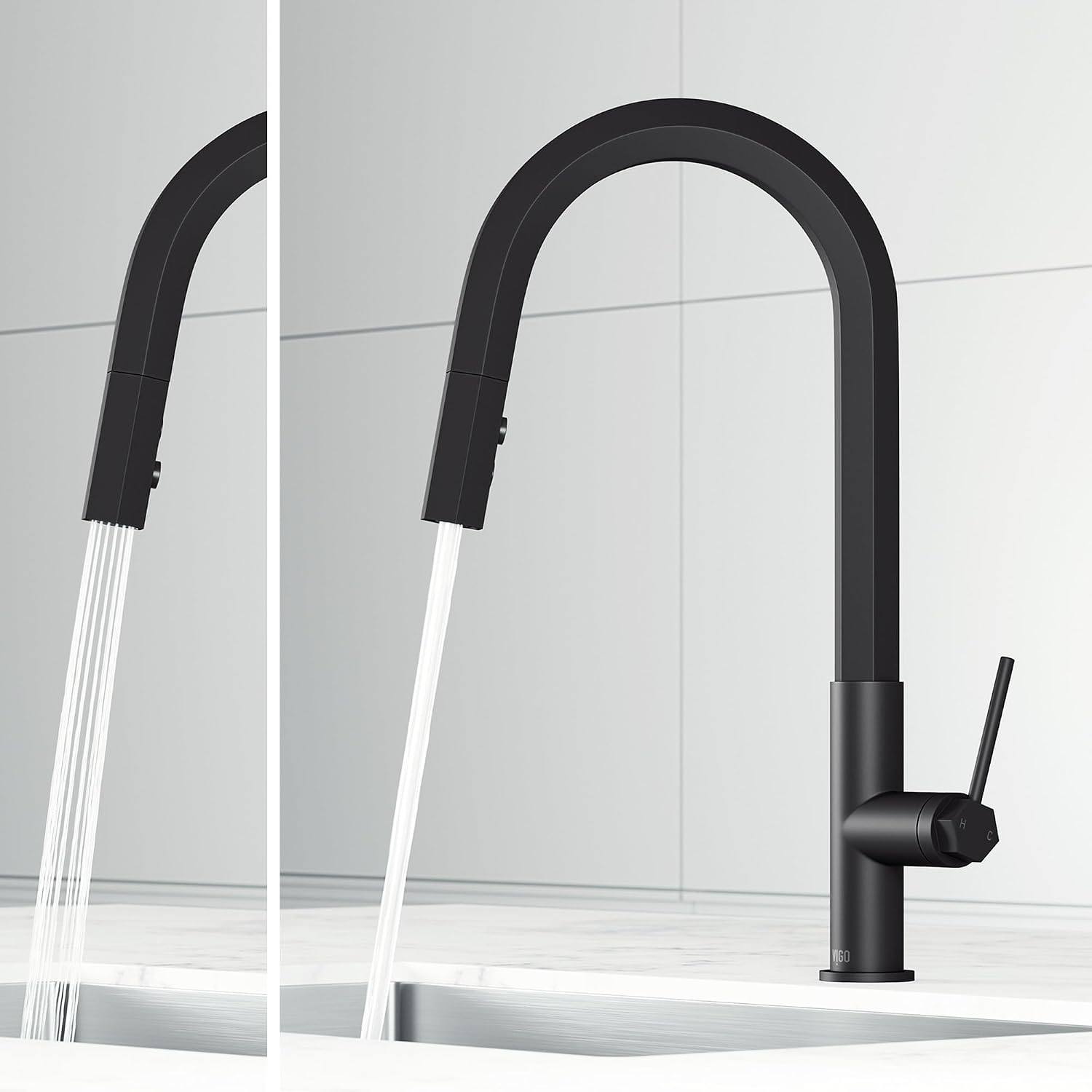 VIGO Hart Hexad 18'' H Single Handle Pull-Down Spout Kitchen Faucet in Matte Black-VG02034MB
