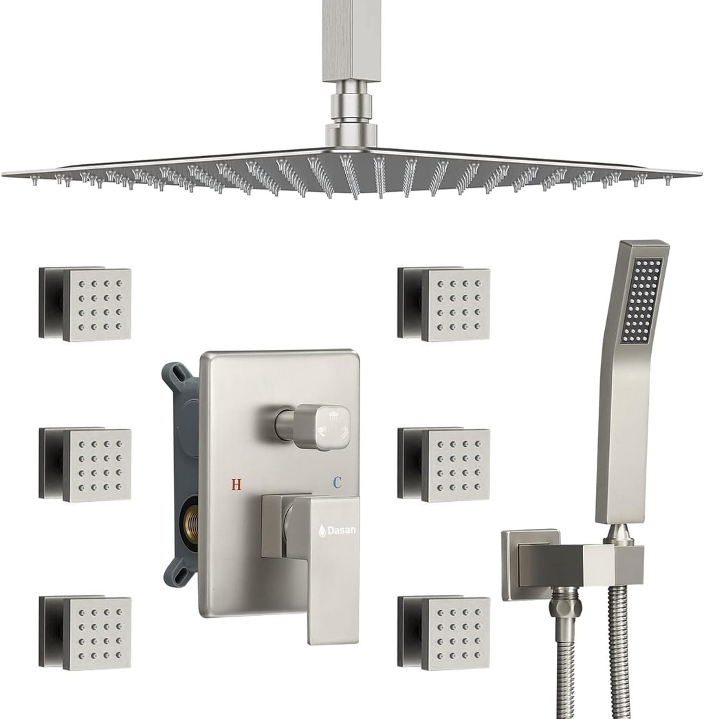 DASAN Full Body Shower System with 6 PCS Body Spray Jets & 12'' Rain Shower Head & Handheld, Ceiling Mount Rain Shower System Brushed Nickel Shower Faucets Sets Complete with Valve, SA-SS03ABN-S12C