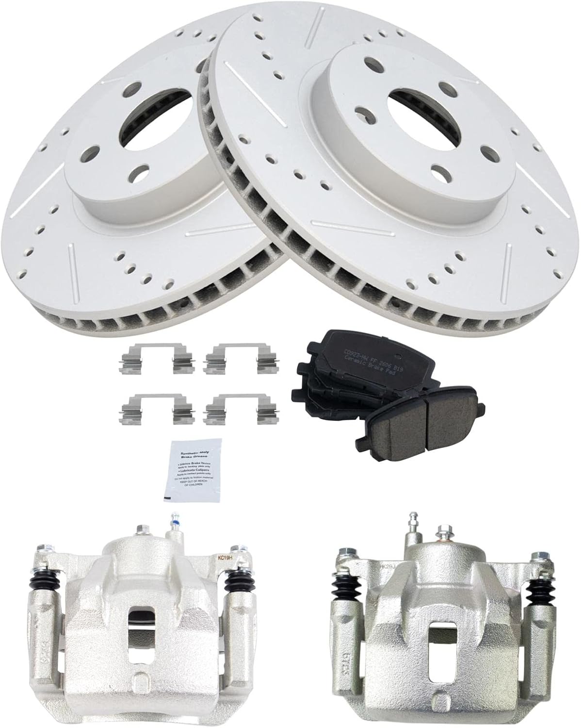 TRQ Performance Front Brake Pad and Rotor Set Ceramic Coated Drilled Slotted Vented Rotors Calipers Compatible with 2003-2008 Toyota Corolla Matrix Pontiac Vibe