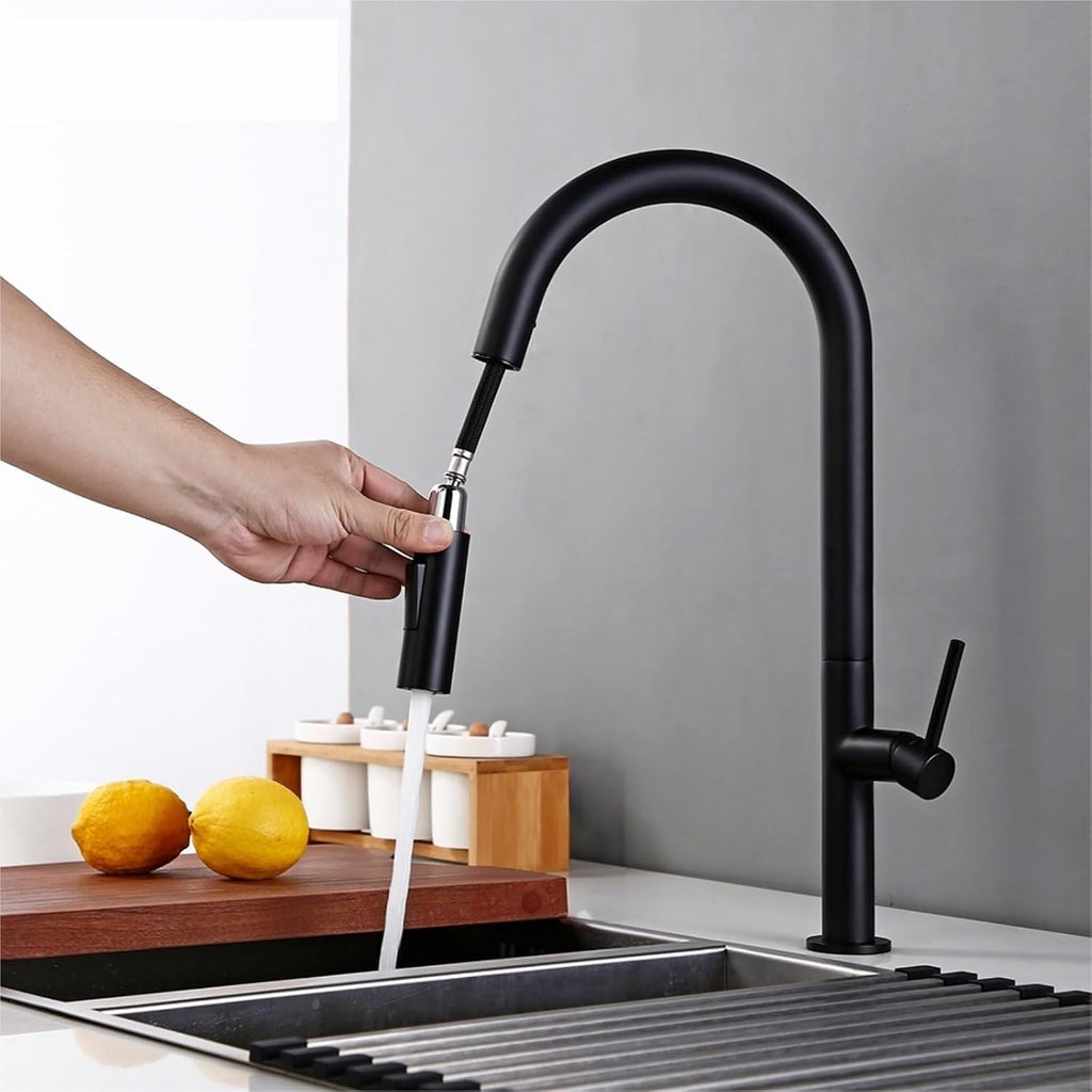 Kitchen Mixer Sink Tap Hot Cold Water 360 Degree Rotation Pull Out Brass Faucet(Black)