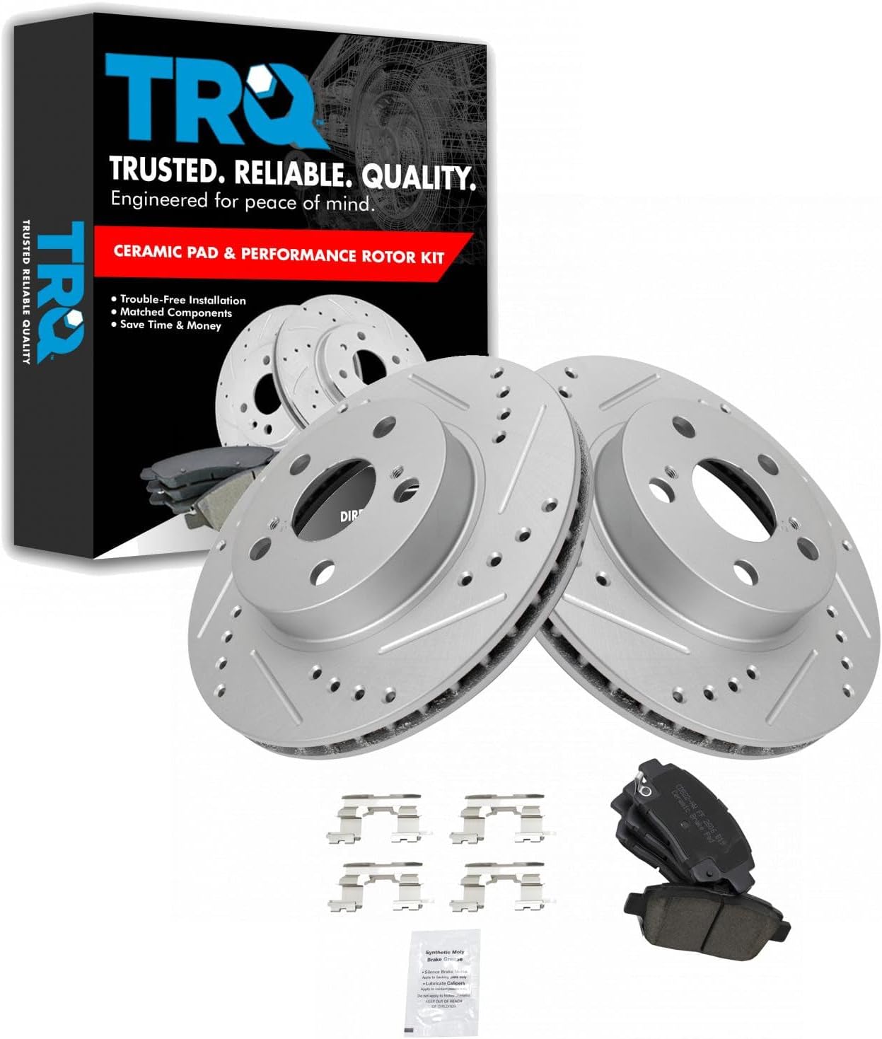TRQ Performance Front Brake Pad and Rotor Set Ceramic Drilled Slotted Coated Rotors Compatible with 2004-2009 Toyota Prius