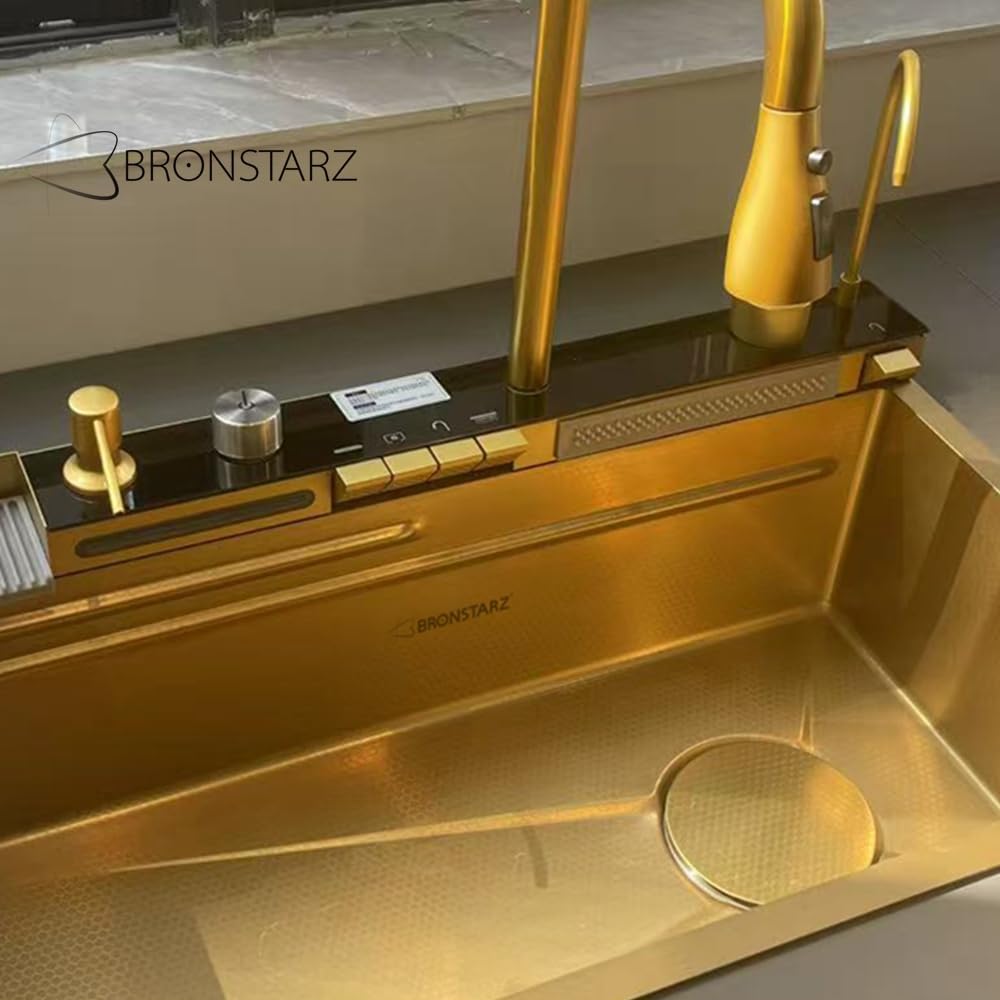 Digital Display Embossed Stainless Steel Nano Gold Waterfall Large Single Groove Kithchen Sink with Pressurized Cup Washer (33 X 22 Inch)