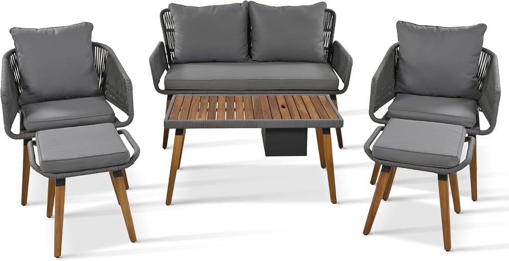 6-Piece Rope Patio Furniture Set, Outdoor Furniture with Acacia Wood Cool Bar Table with Ice Bucket, Deep Seat Patio Conversation Set with Two Stools for Backyard Porch Balcony (Grey-001)