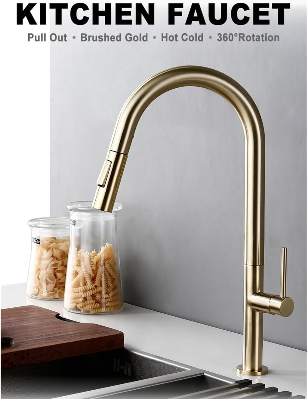 Brass Brushed Gold Black 360 Degree Rotation Kitchen Hot and Cold Water Sink Taps Pull Out Spout Kitchen Faucet(Brushed Gold)