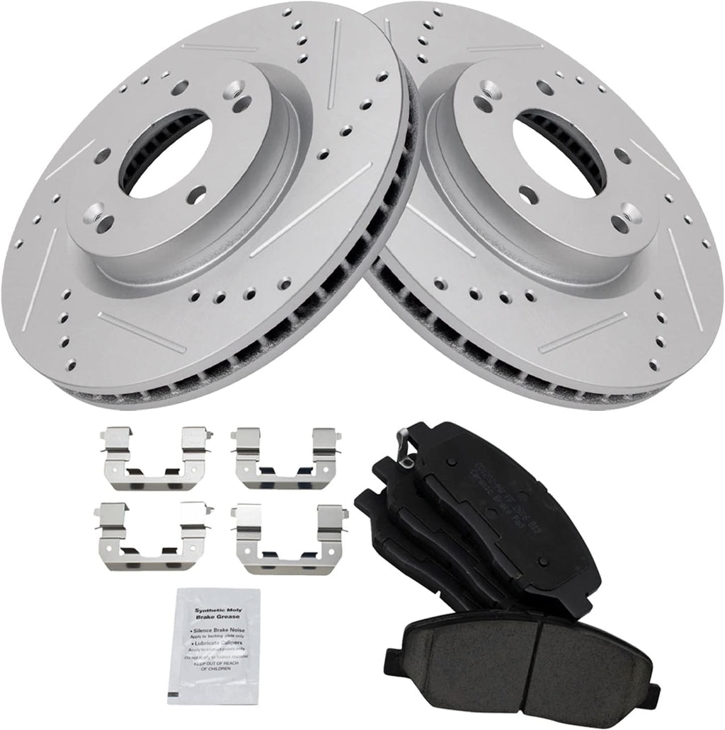 TRQ Performance Front Ceramic Brake Pad and Rotor Set Coated Drilled Slotted Compatible with 2007-2009 Hyundai Santa Fe 2013-2016 Hyundai Santa Fe