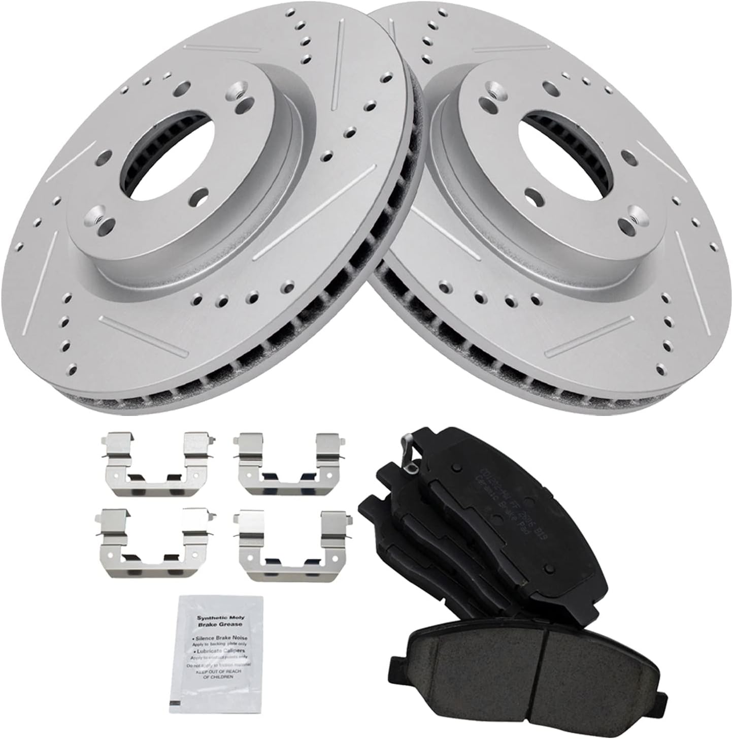 TRQ Performance Front Ceramic Brake Pad and Rotor Set Coated Drilled Slotted Compatible with 2007-2009 Hyundai Santa Fe 2013-2016 Hyundai Santa Fe