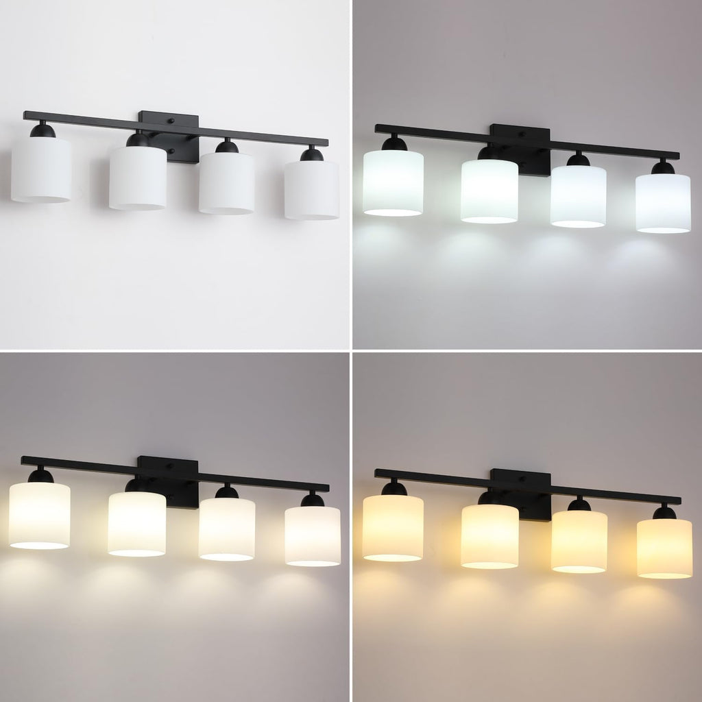 Mecgirn Milk Glass Vanity Lights for Bathroom, 4 Light Matte Black Bathroom Light Fixtures Over Mirror, Ceramic E26 Sockets Wall Mounted