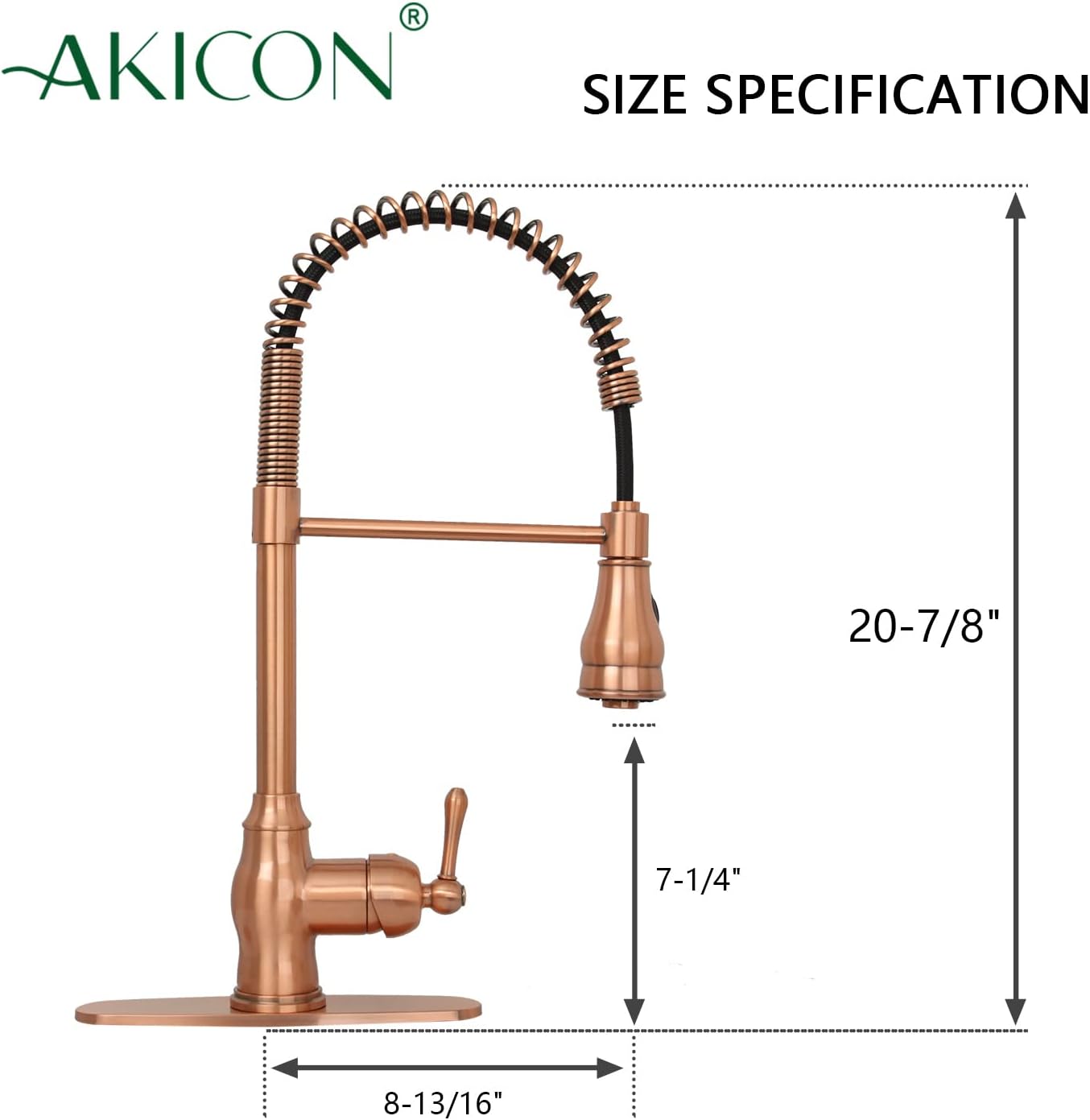 Akicon Copper Kitchen Faucet with Soap Dispenser, Single Handle Solid Brass High Arc Pull Down Sprayer Head Kitchen Sink Faucets with Deck Plate AK96518