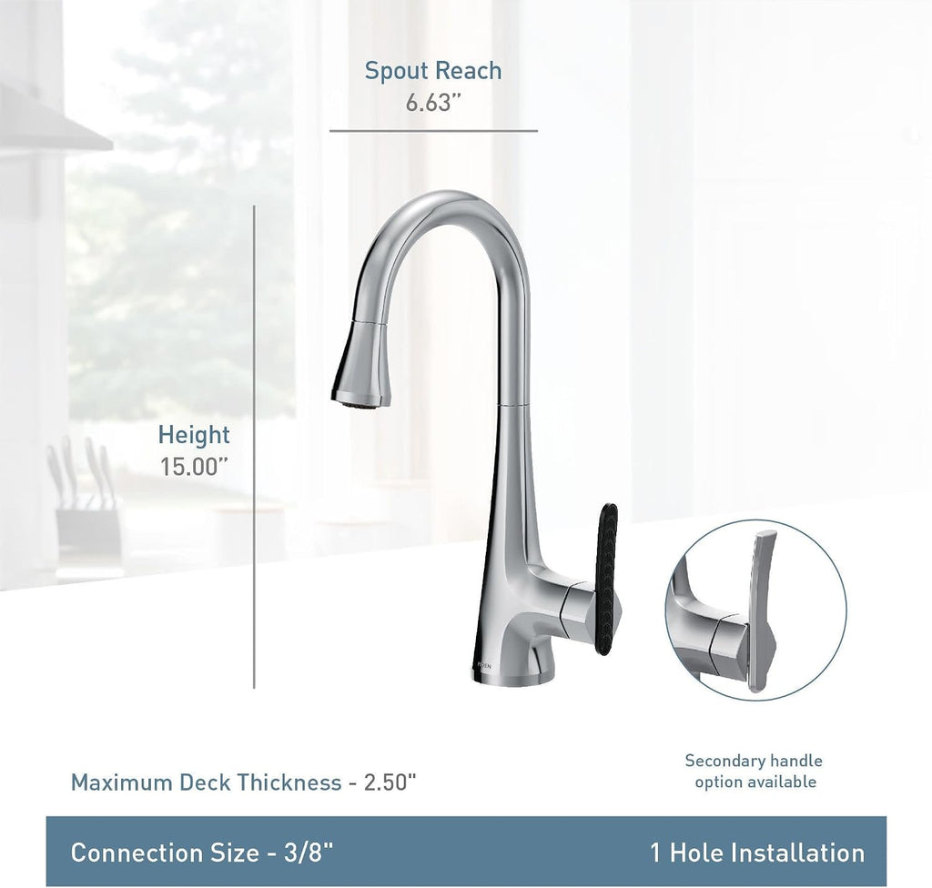 Moen S6235BL Sinema One-Handle High Arc Pulldown Bar Faucet featuring Power Clean and Reflex, Matte Black