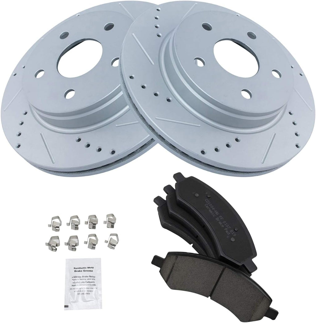 TRQ Performance Front Brake Pad and Rotor Set Ceramic Coated Drilled Slotted Vented Rotors Compatible with 07-09 Chrysler Aspen Dodge Durango 06-10 Ram 1500 11-18 Ram 1500 19-21 1500 Classic