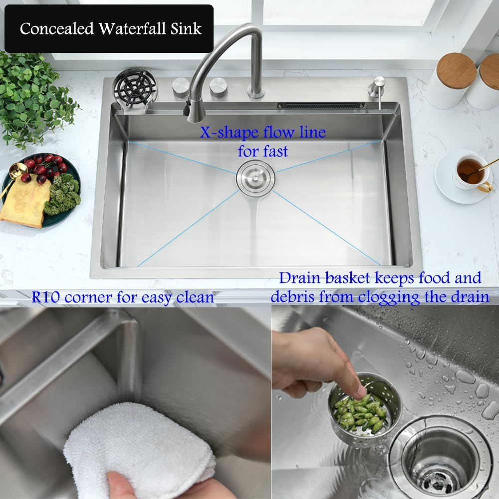 33 Inch Drop In Waterfall Kitchen Sink with Faucet Combo-Bokaiya 33x19 Drop In Sink with Cup Washer 16 Guage 10 Inch Deep Multifunctional Single Bowl Kitchen Sink Set