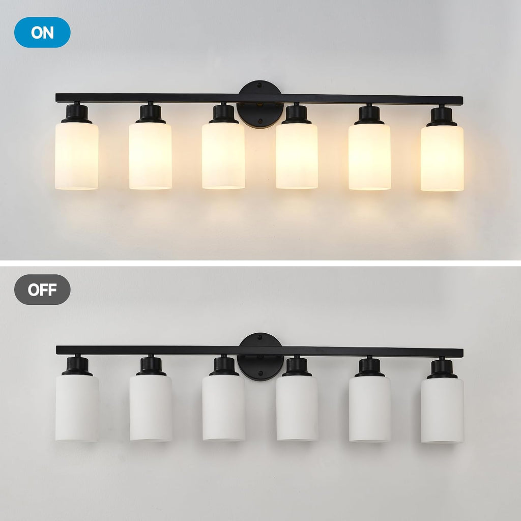6-Light Matte Black Bathroom Vanity Light Modern Black Bathroom Light Fixtures Over Mirror Vintage Vanity Wall Sconce Light With White Glass Shade Wall Lamps For Living Room Bedroom Bulbs Not Included