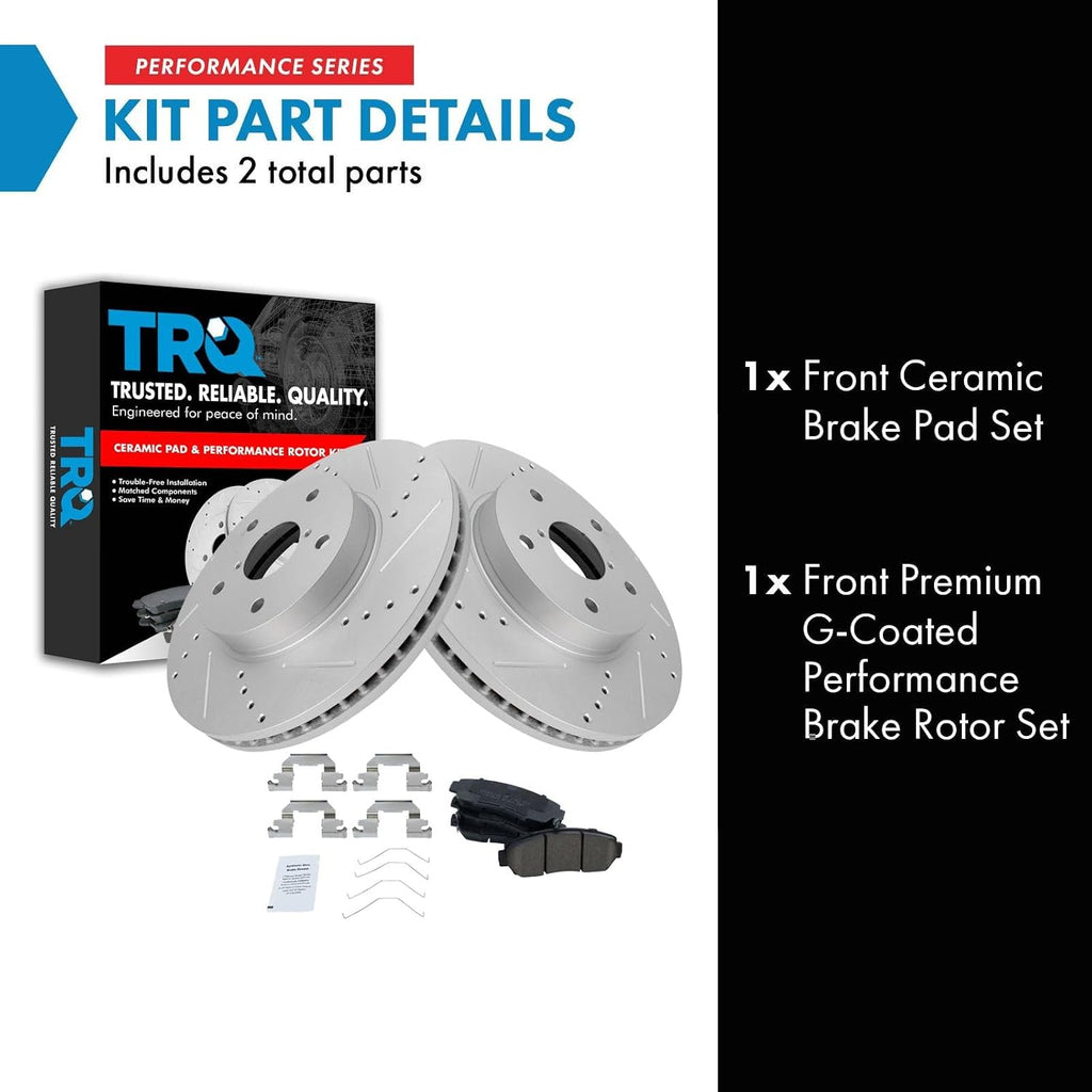 TRQ Performance Front Brake Pad and Rotor Set Ceramic G Coated Slotted Drilled Rotors Compatible with 2016-2019 Subaru Legacy