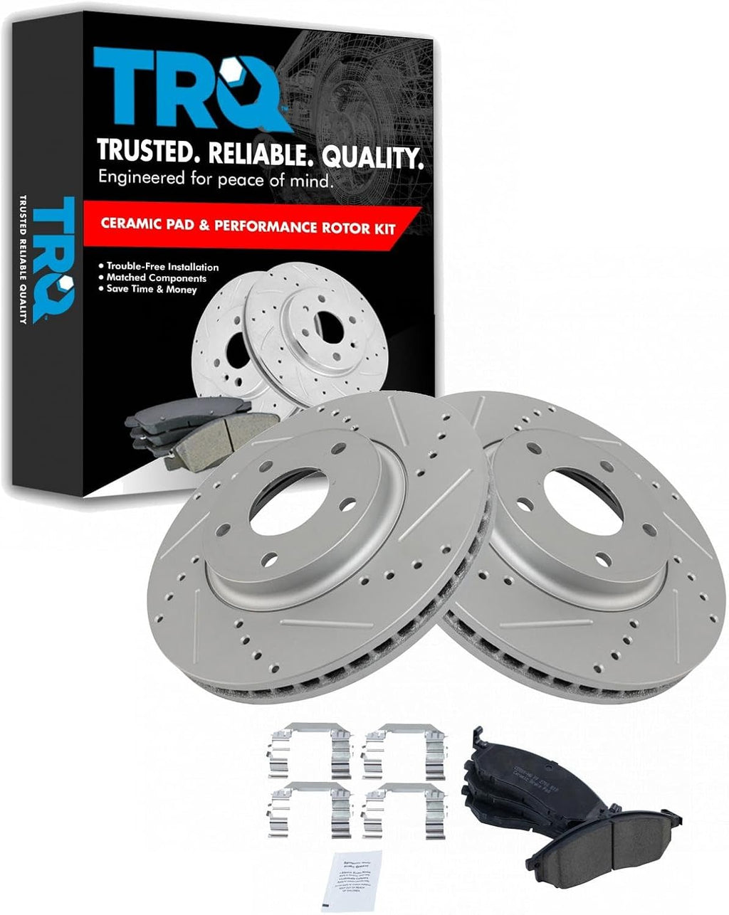 TRQ Performance Front Brake Pad and Rotor Set Ceramic Coated Drilled Slotted Compatible with 2003-2004 Infiniti M45 2002-2006 Q45