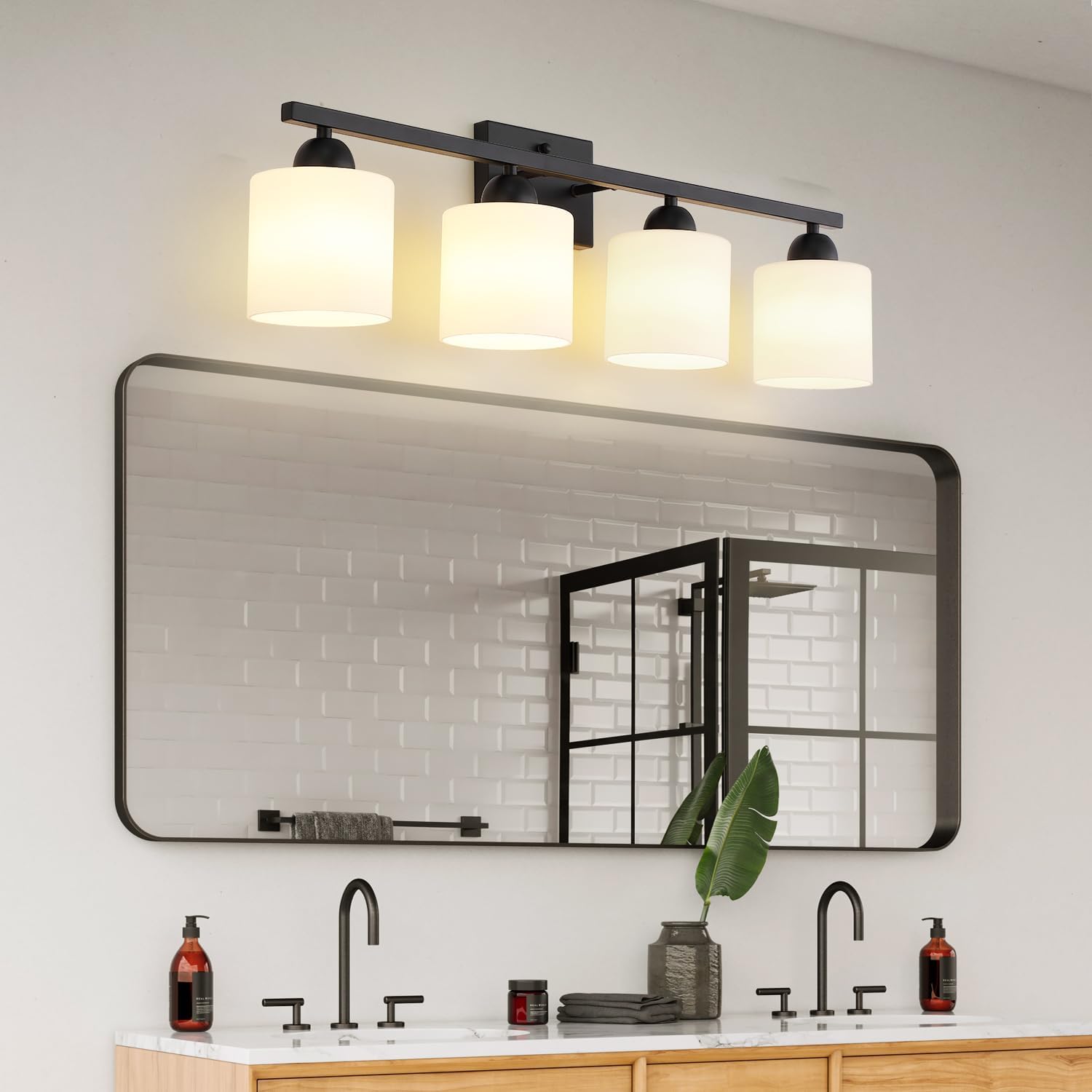 Mecgirn Milk Glass Vanity Lights for Bathroom, 4 Light Matte Black Bathroom Light Fixtures Over Mirror, Ceramic E26 Sockets Wall Mounted