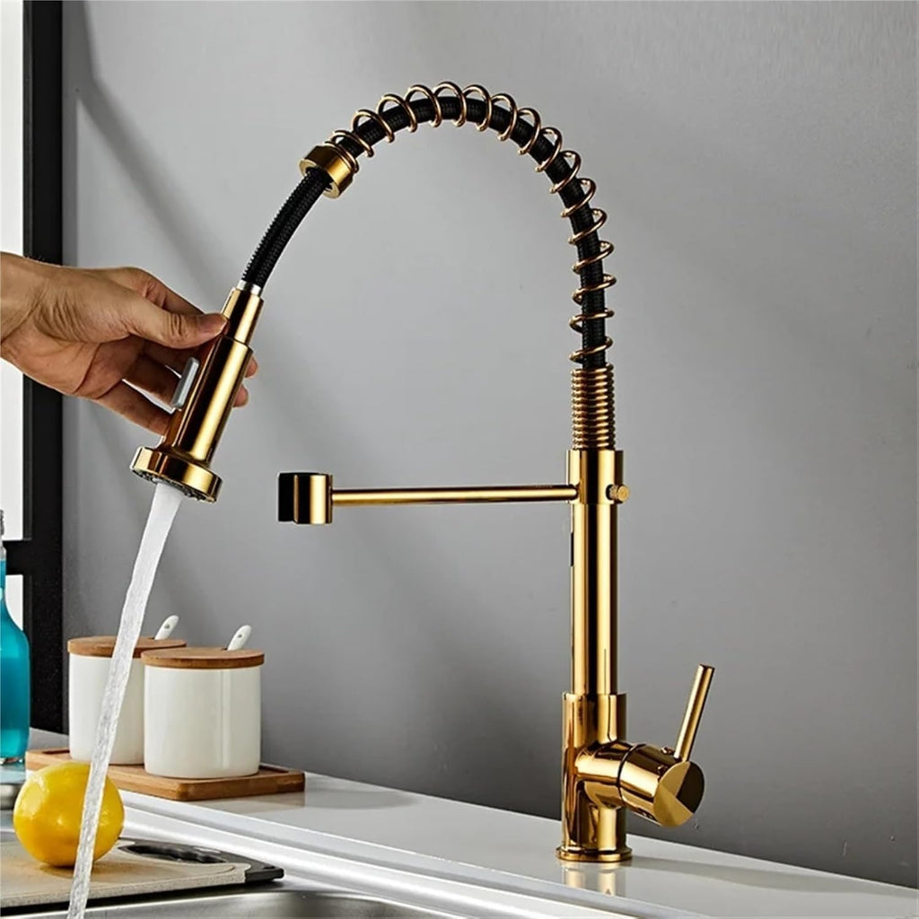 Kitchen Faucet Hot and Cold Spring Brass 360° Rotating Sink Tap Two Function Spray(Gold)