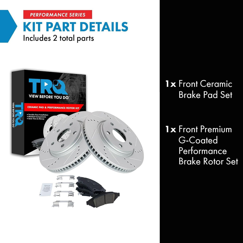TRQ Performance Front Brake Pad and Rotor Set Ceramic G Coated Slotted Drilled Rotors Compatible with 2004 Pontiac Grand Prix