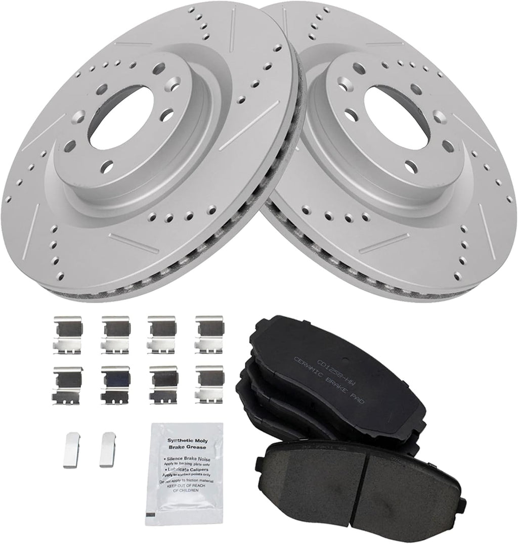 TRQ Performance Front Brake Pad and Rotor Set Ceramic Coated Drilled Slotted Rotors Compatible with 2007-2015 Mazda CX-9