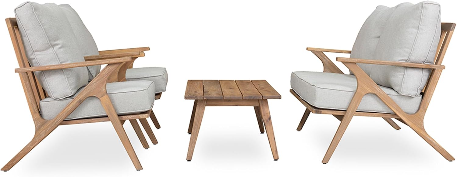4 Pieces Acacia Wood Patio Furniture Set, Outdoor Seating Sofa Set with Grey Cushions & Back Pillow, Outdoor Conversation Set with Coffee Table (Grey+Brown-GB)
