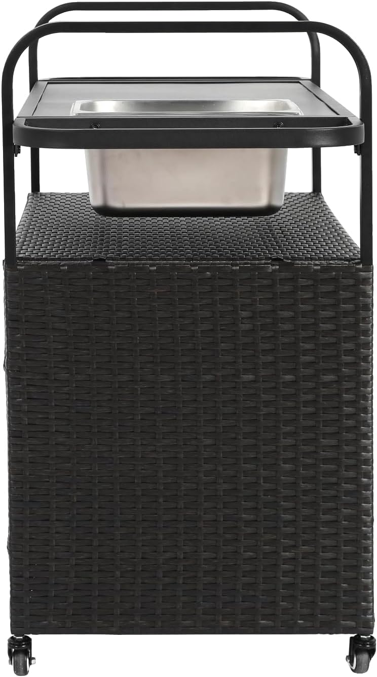 Outdoor Wicker Bar Table, All-Weather Rolling Rattan Bar Cart with Lockable Wheels, Steel Top and Ice Bucket, Outdoor Storage Cabinet Waterproof for Patio, Garden, Poolside, Backyard, Black