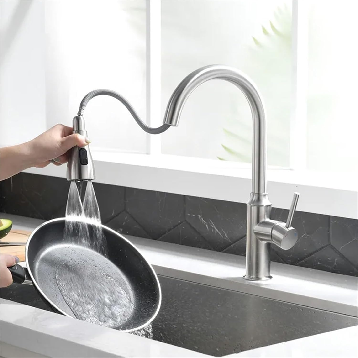 Kitchen Pull-Out Faucet Hot and Cold Water Sink Stainless Steel 360 Rotating Telescopic Faucet(Nickel)