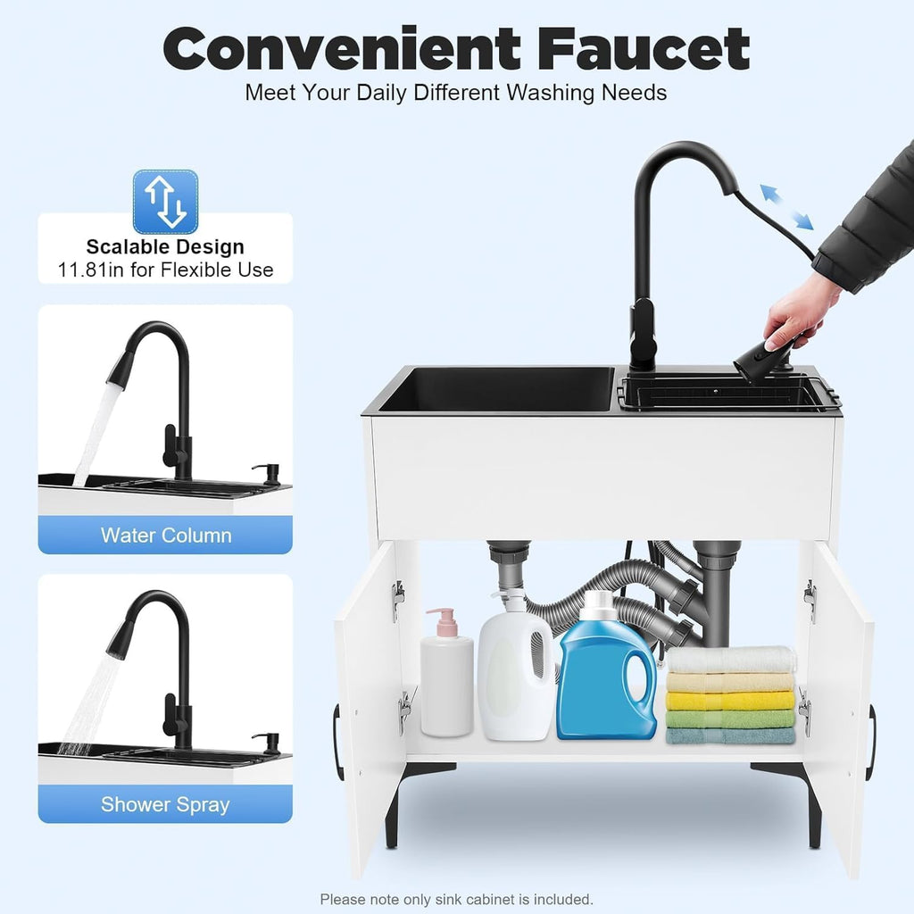 30-Inch Laundry Sink with Cabinet and Pull-Out Sprayer Fauce, Freestanding Kitchen Sink Cabinet w/Stainless Steel Double Sink & Draining Basket, Wash Station Tub for Laundry & Utility Room, Bathroom