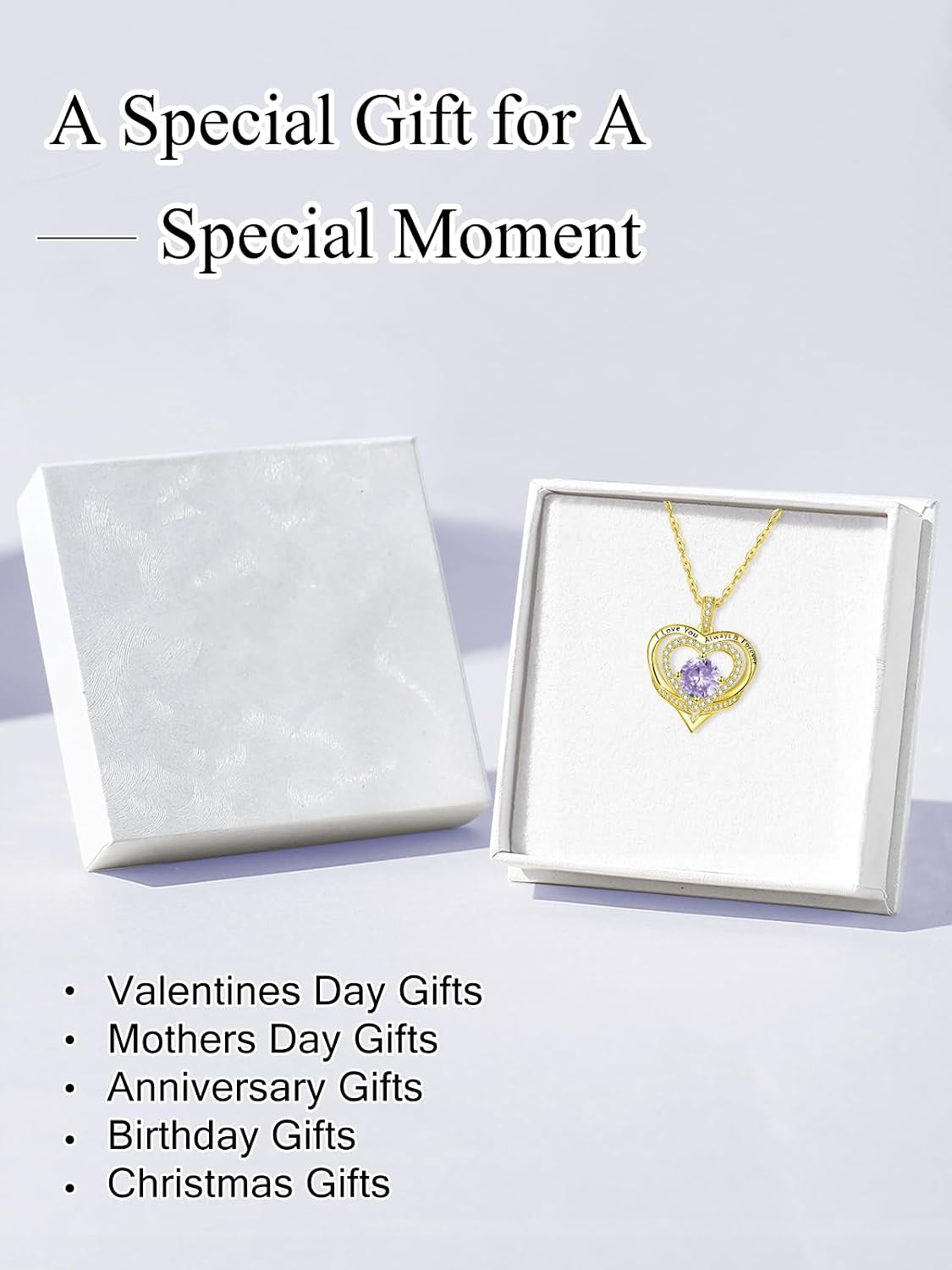 14K Gold Heart Necklaces for Women with Birthstone Pendant ，Double Hearts Necklace Jewelry Gift for Girlfriend Mom Anniversary Birthday Adjustable Chain 18' + 2' 'I Love You Always & Forever