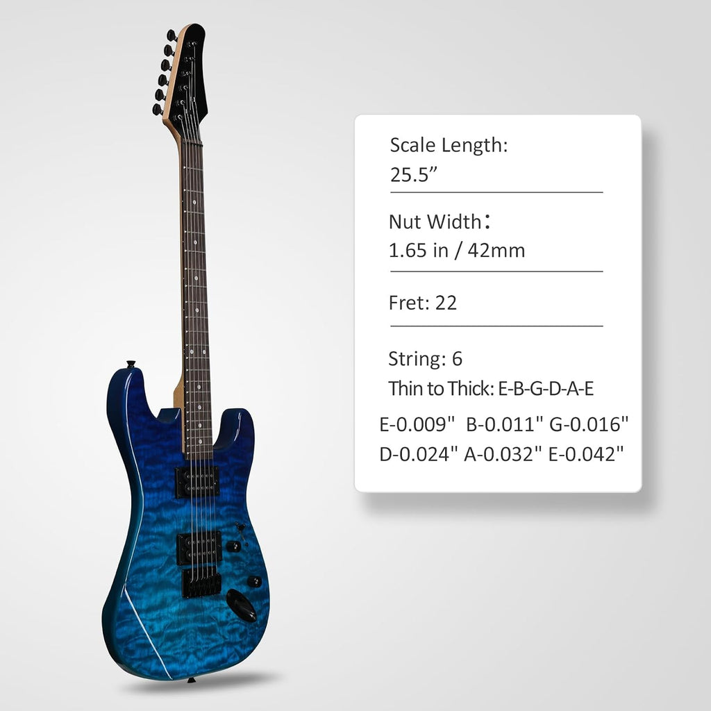 Full Size Electric Guitar Kit,39 Inch Beginner Electric Guitar,Complete Electric Guitars Set with Bag, Shoulder Strap, Power Wire, Wrench Tool,Tremolo Arm and Picks,Blue
