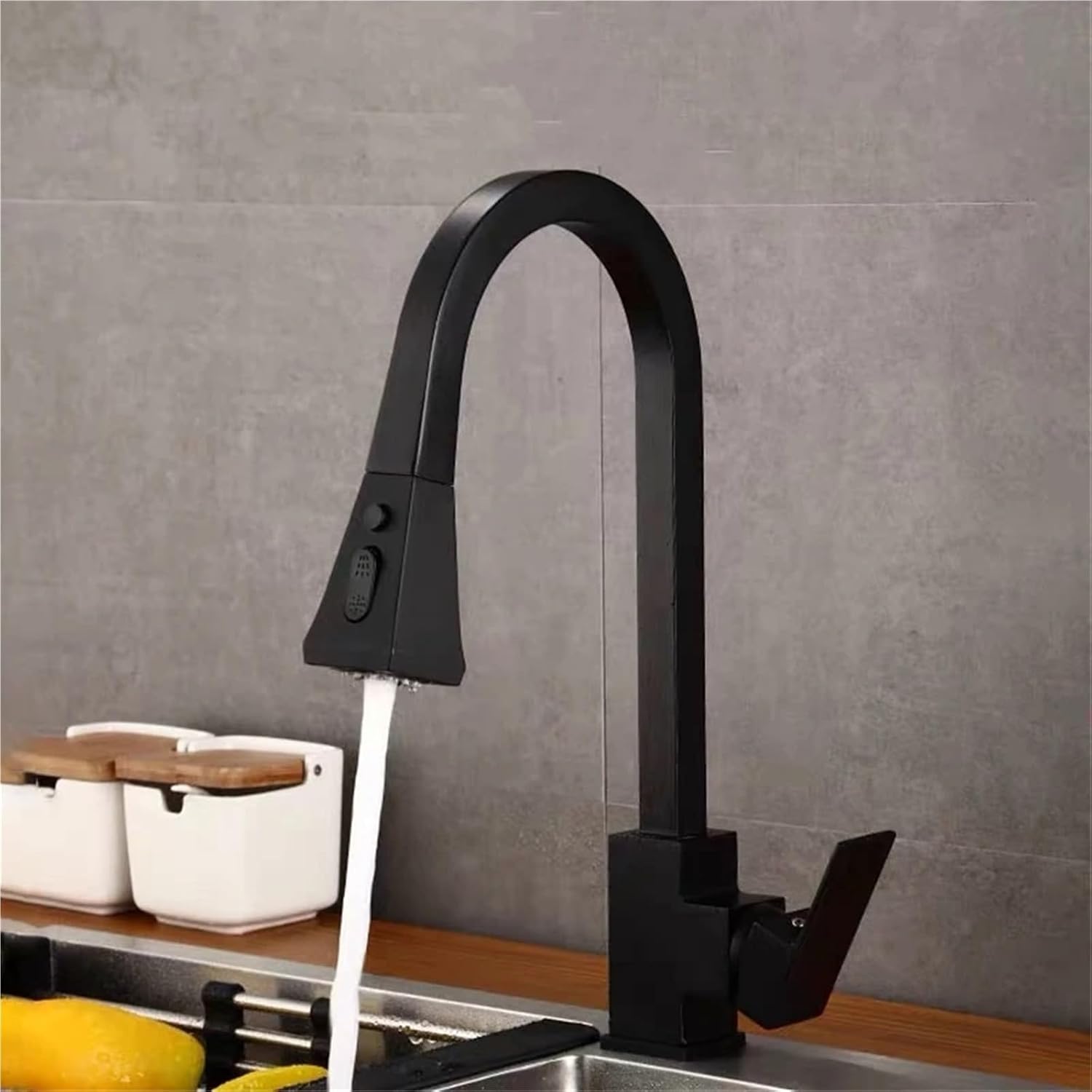 Kitchen Faucets Copper 360 Rotate Pull Out Tap Kitchen Faucet Button Switch Cold Hot Water Sink Mixer Taps(Black,Hose Size 9-16)