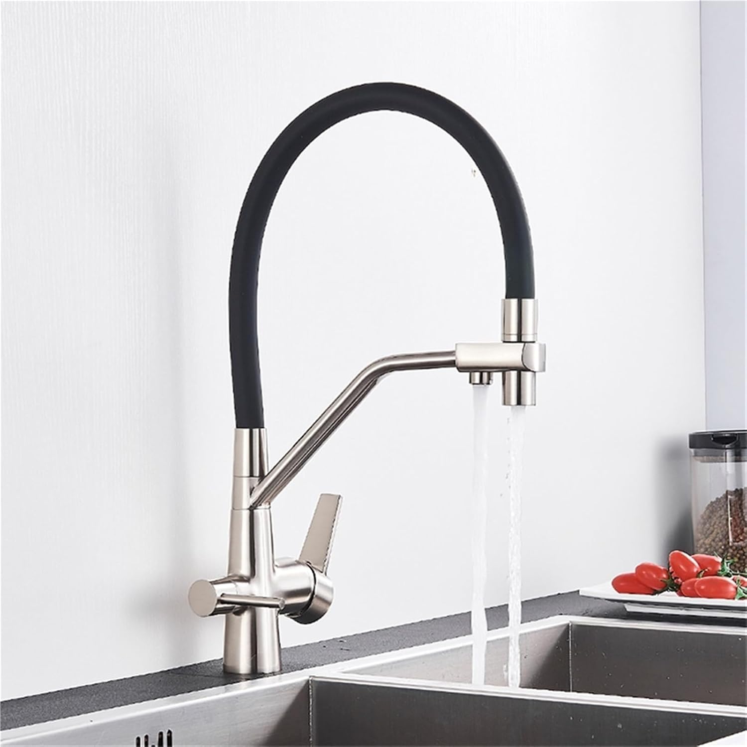 Filter Purification Flexible Rotated Kitchen Faucet Dual Spout Dual Handles Mixer Tap Hot and Cold Pure Water Mixer(Brushed Nickel B)