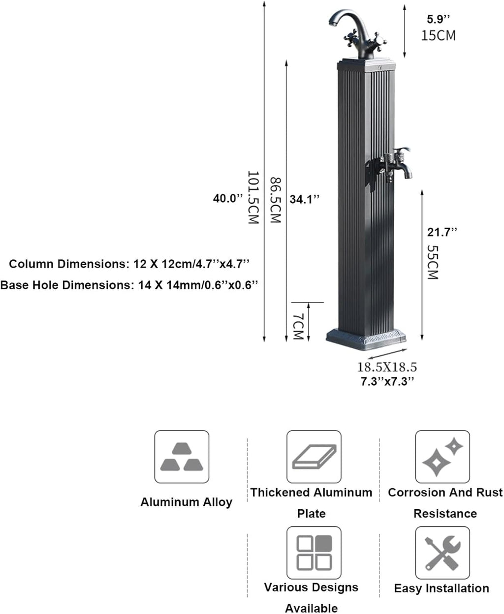 Hot and Cold Water Garden Water Column Outdoor Vertical Water Dispenser Hydrant Freestanding Aluminum Square Antifreeze Faucet(Black)