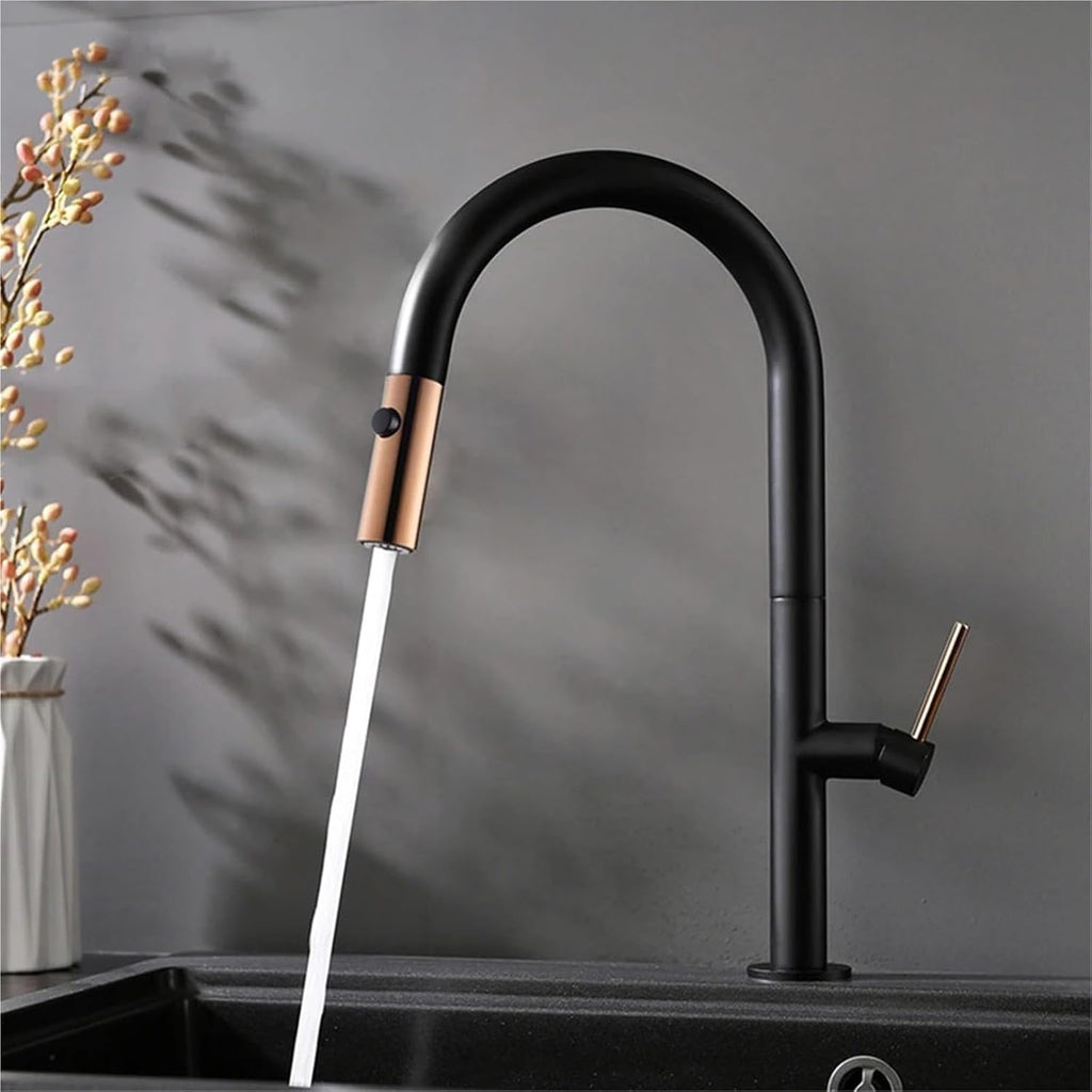 Modern Kitchen Faucet Pull Out 2 Mode Outlet Water Spray Deck Mounted Hot and Cold Water Sink Mixer Tap(White-Gold)