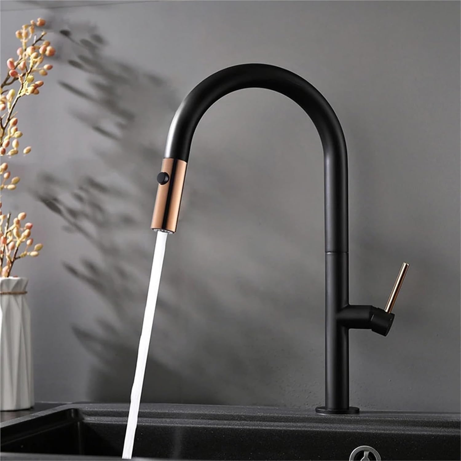 Modern Kitchen Faucet Pull Out 2 Mode Outlet Water Spray Deck Mounted Hot and Cold Water Sink Mixer Tap(Black)