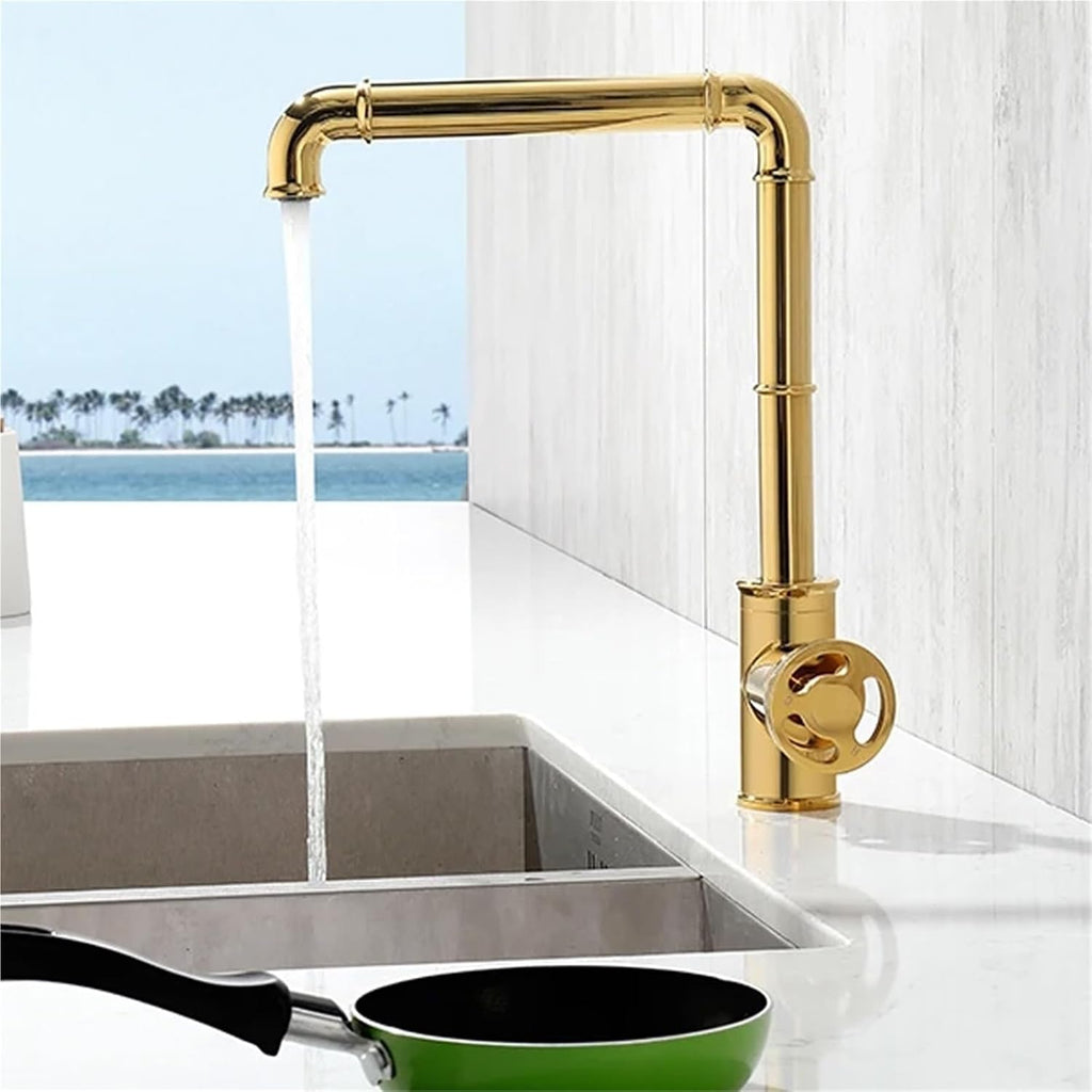 Kitchen Faucets Retro Industrial Style Brass Crane Bathroom Faucets Hot and Cold Water Mixer Tap(Gold)
