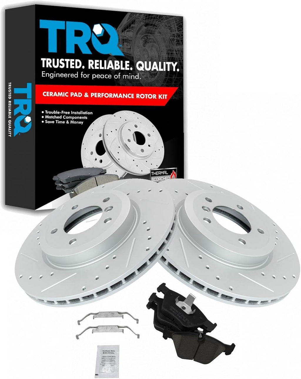 TRQ Performance Front Brake Pad and Rotor Set Ceramic Coated Drilled Slotted Vented Rotors Compatible with 2001-2006 BMW 330Ci 2001-2005 330i 330xi 2006-2008 Z4
