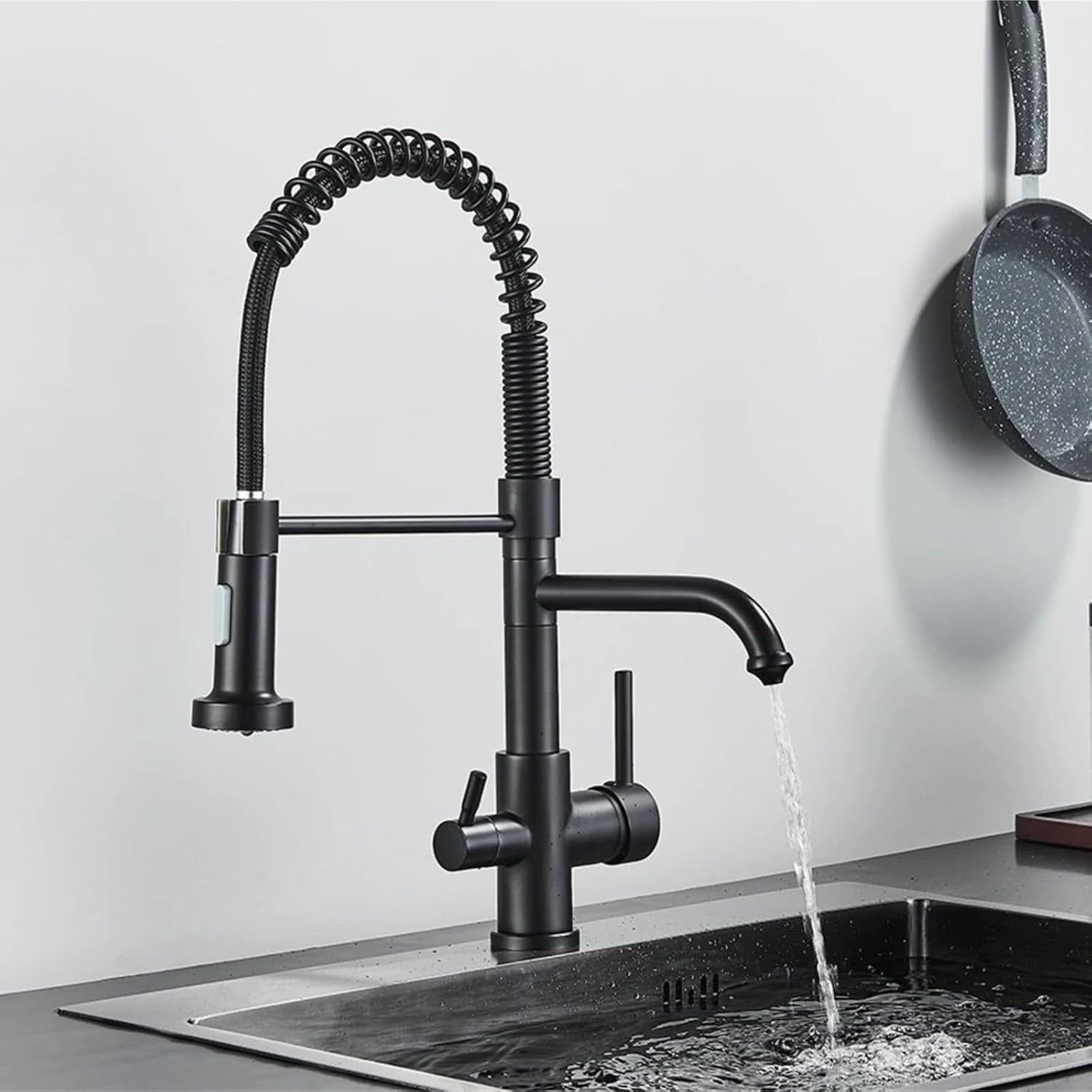 Kitchen Water Filter Faucet Dual Spout Filter Drinking Water Mixer Tap Rotation Taps(Matte Black)