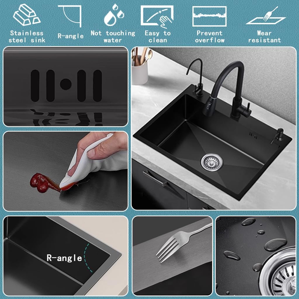 21.7 x 17.7 Inch Black Single Bowl Sink with faucet,Large Capacity Stainless Steel Drop In Kitchen Sink,Topmount Utility Workstation Sink With Multiple Accessories