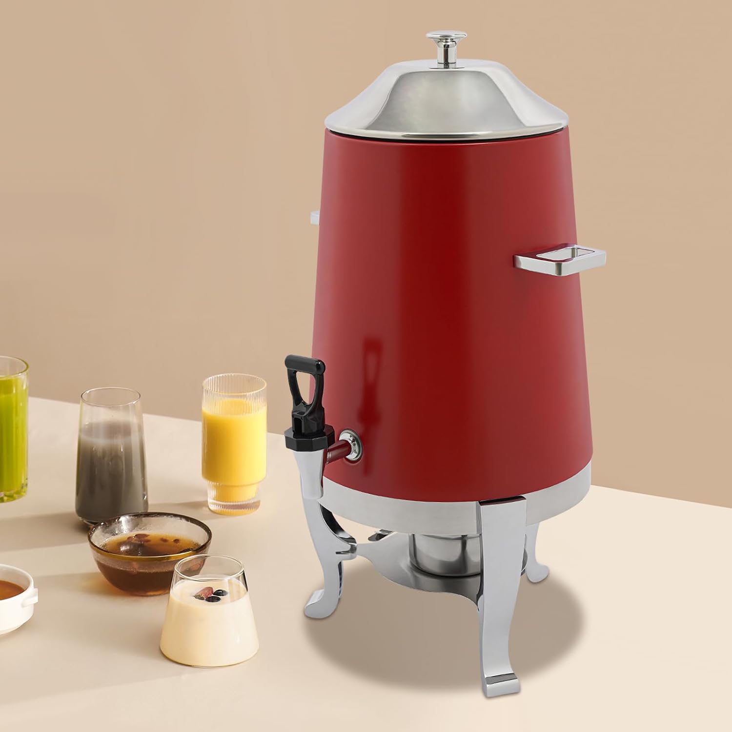 Coffee Urn With Fuel Holder, 3.5 Gallon/13L Stainless Steel Beverage Dispensers for Coffee Tea Hot Water, Hot Drink Dispenser with Stand, Chafer Urn with Spigot for Parties Catering (Red)