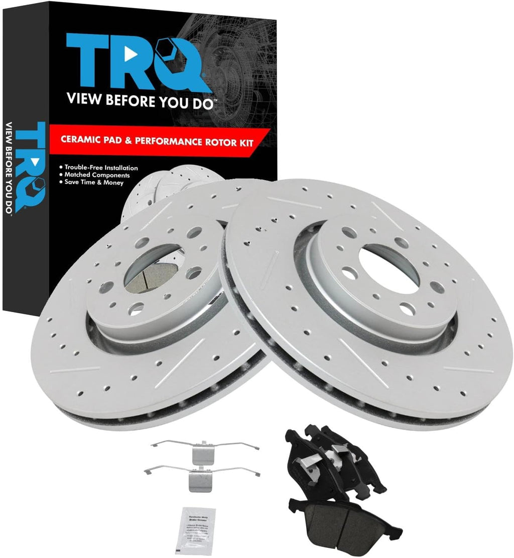 TRQ Performance Front Brake Pad and Rotor Kit Ceramic Slotted Drilled G-Coated Compatible with 2003-2013 Volvo XC90