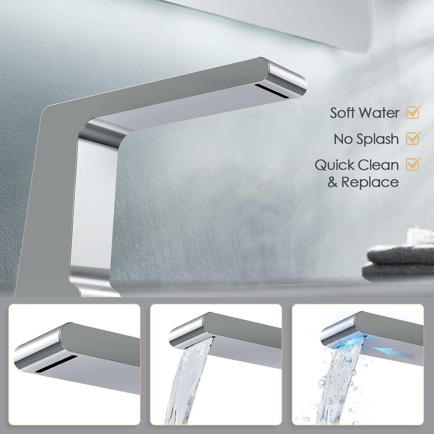 Bathtub Faucet Set with 3 Handle, Deck Mount 5 Hole Roman Waterfall Spout Bath Tub Faucet with Valve, Chrome