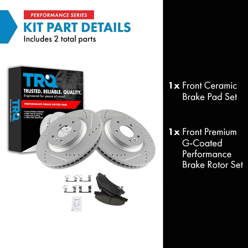 TRQ Performance Front Brake Pad & Rotor Kit Ceramic Premium G-Coated Slotted X Drilled Compatible with 2008-2009 Buick LaCrosse
