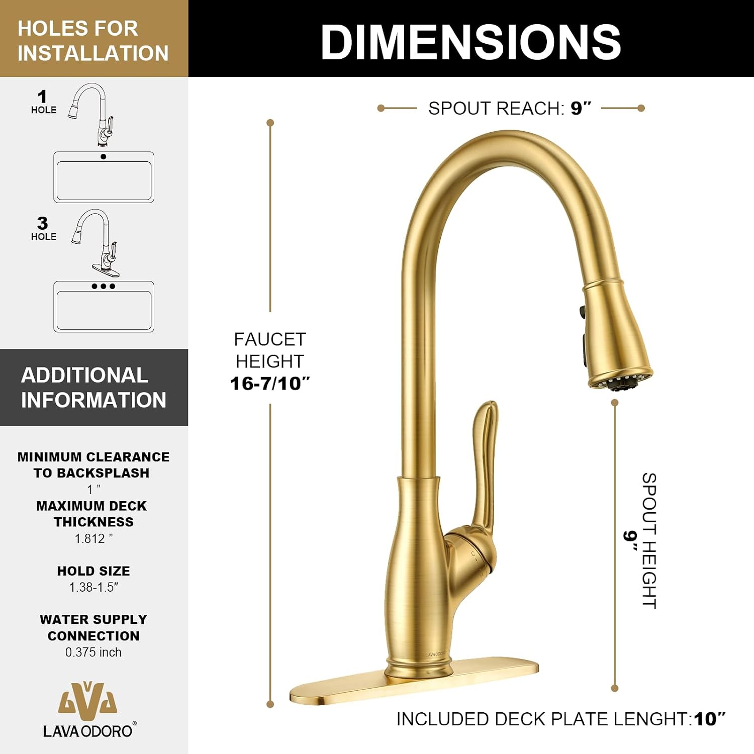 Lava Odoro Gold Kitchen Faucet with Pull Down Sprayer, Brushed Gold Kitchen Sink Faucet with Magnetic Docking Spray 3-Function, Solid Brass Faucet for Kitchen Sink 1 Hole and 3 Hole, KF271-SG