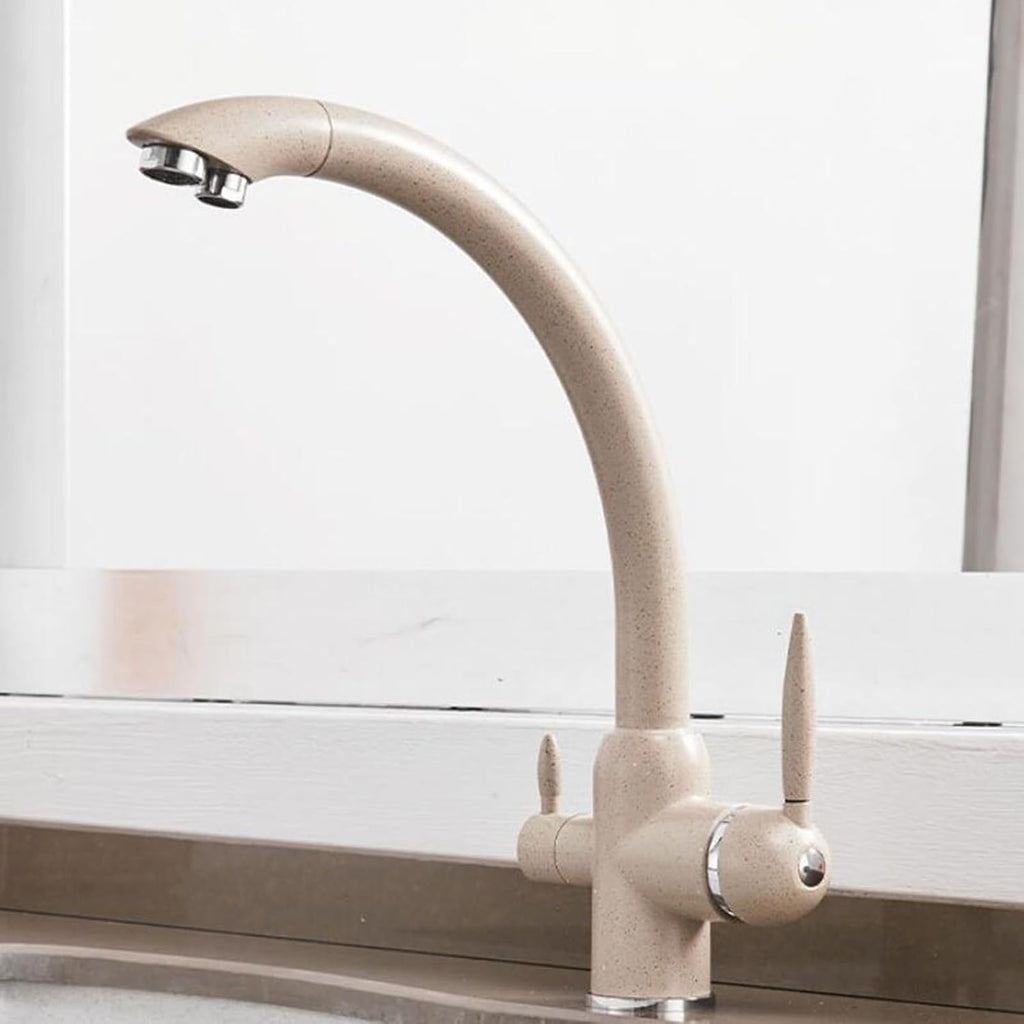 Kitchen 3 Way Faucets Mixer Brass 3 Way Faucets for Kitchen Sink Double Outlet Hot and Cold Water-Oatmeal Color