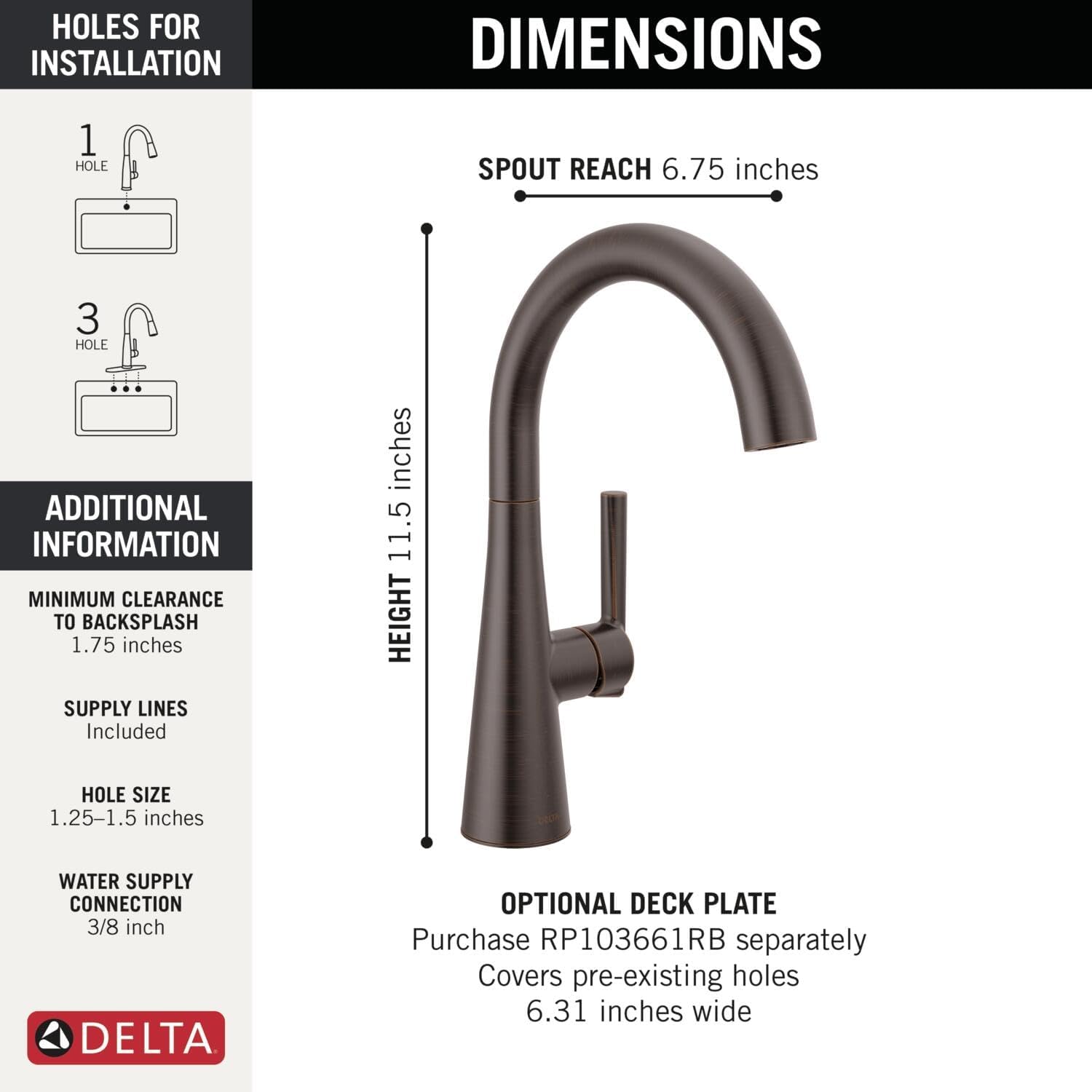 Delta Modern Oil Rubbed Bronze Single Hole Bar Sink Faucet, Single Handle Prep Sink Faucet, Venetian Bronze 14882LF-RB