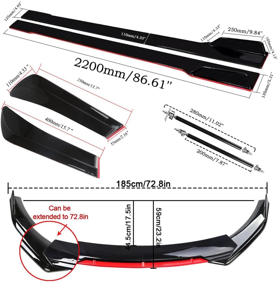 Universal Car Body Kit - Front Bumper Lip Spoiler Splitter Air Dam, Side Skirt Extensions, Rear Diffuser | Fits 69'-73' Wide Cars