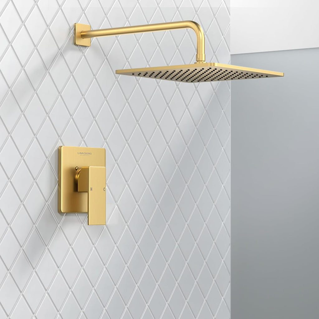 Lava Odoro 12-inch Modern Square Shower Faucet Set Brushed Gold, Shower Trim Kit with Rough-in Valve High Pressure Gold Rainfall Shower Head and Handle Set, (Valve Included), SF106-SG