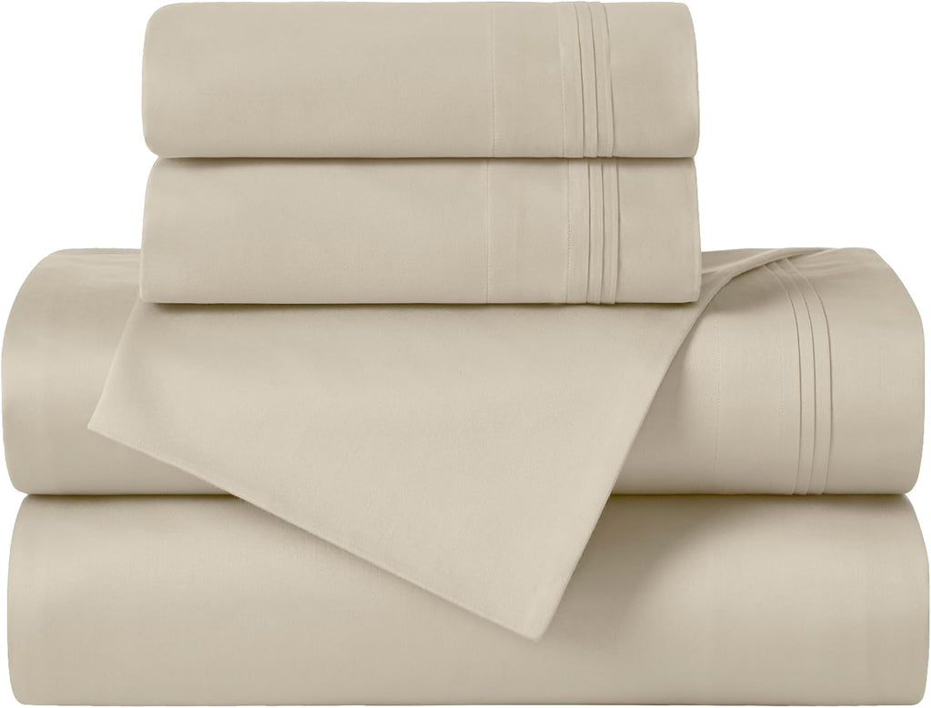 Superior Egyptian Cotton 4 Piece Sheet Set, 650 Thread Count, Modern Design, Sustainable Sheets, Ultra-Soft Basics, Solid, Deep Pocket Fitted Sheet, Flat Sheet, Pillowcases, California King, Ivory