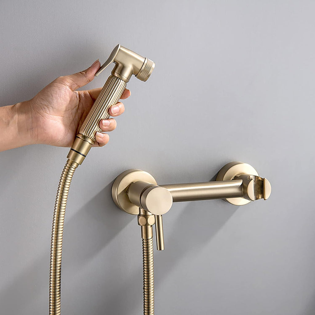 Handheld Bidet Sprayer for Toilet Brass Bathroom Cloth Diaper Set with Cold and Hot Water, Wall Mounted Kit for Feminine Hygiene,Brushed Gold(Brushed Gold)