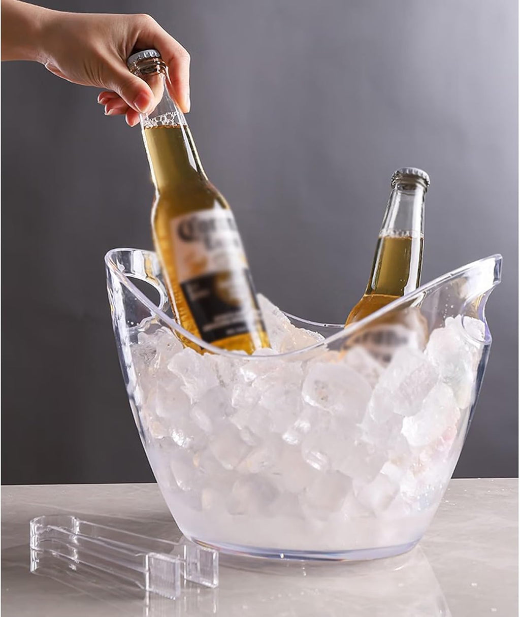 Keep Ice Frozen Longer 8 Liter Acrylic Ice Bucket with Tongs, Plastic Tub Oval Storage Buckets for 2 Wine or Champagne Bottles for parties(Clear)