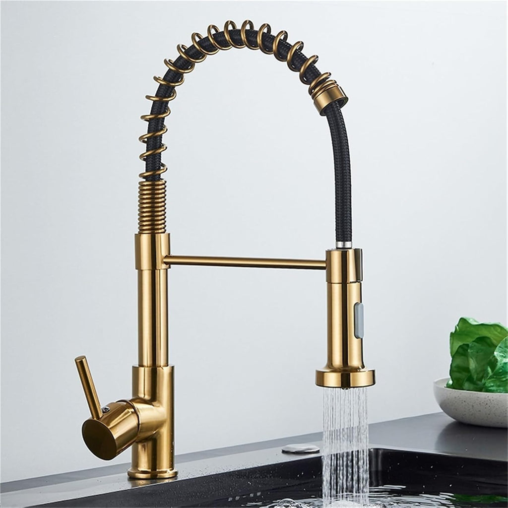 360° Rotating Single Handle Kitchen Faucet with Pull Down 2-Way Spray Hot and Cold Water Mixer Tap(Brush Gold Grey Hose)